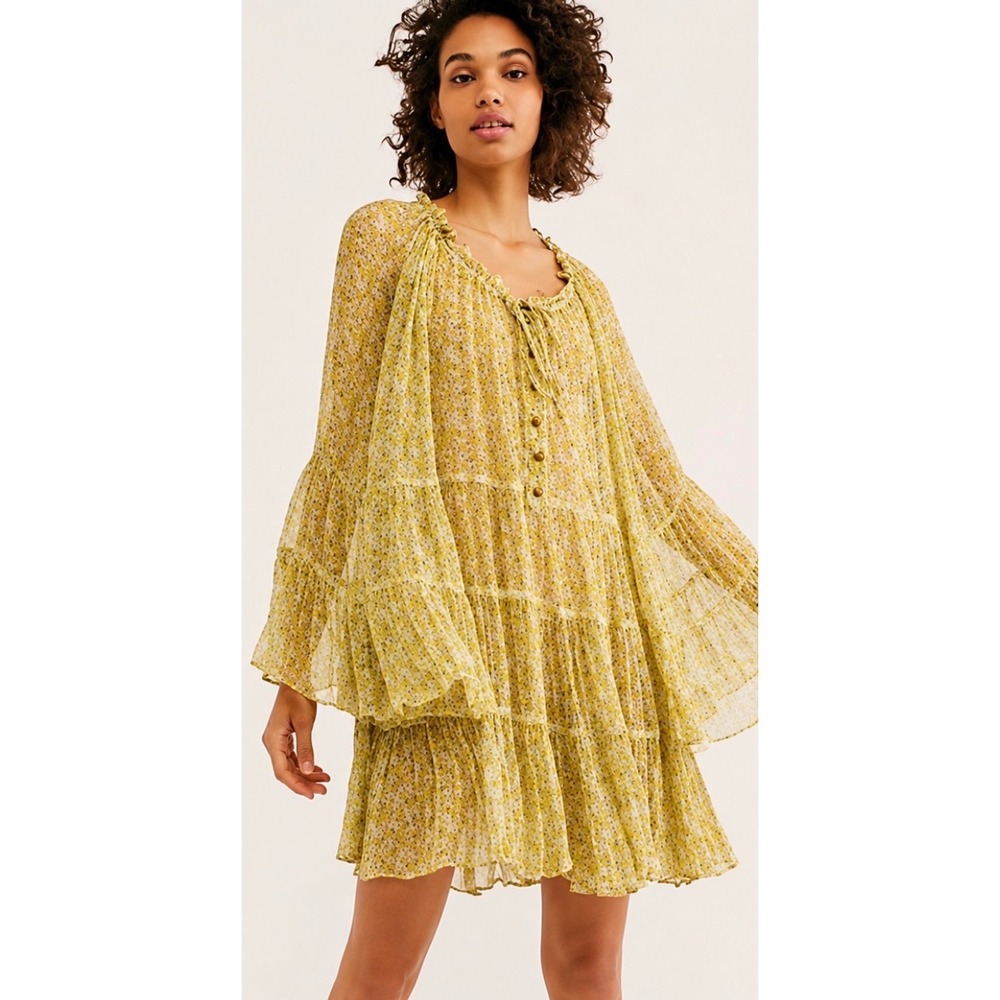 Free People Yellow Floral Sheer Tiered Bell Sleeve Boho Mini Dress Tunic Medium